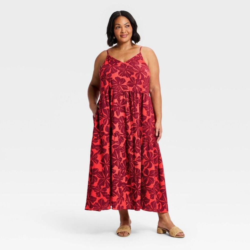 Women's Tiered Maxi Dress - A New Day Burgundy Floral 2X